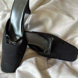 Karen Scott black microfiber dressy mules with bow, gently worn. Box available